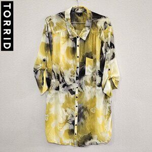TORRID 3 Yellow Marble Chiffon Button Tunic Shirt Blouse Plus Size 22/24 3X